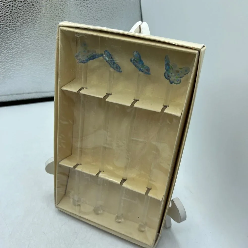 Pottery Barn Set Of 4 Butterfly Glass Cocktail Martini Picks In Box